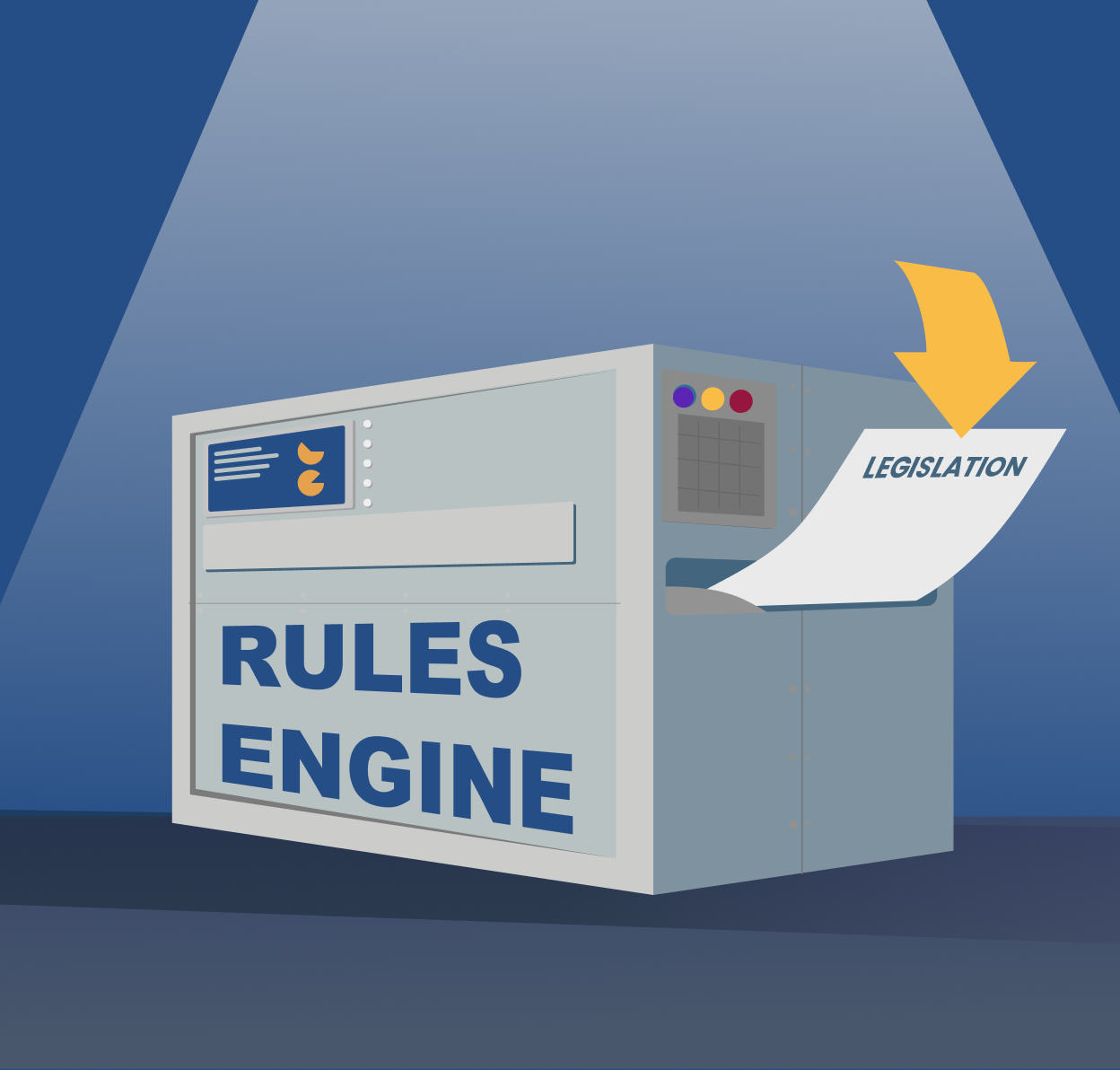 Illustration of computer hard drive with the words rules engine on it and legislation being fed into the engine.