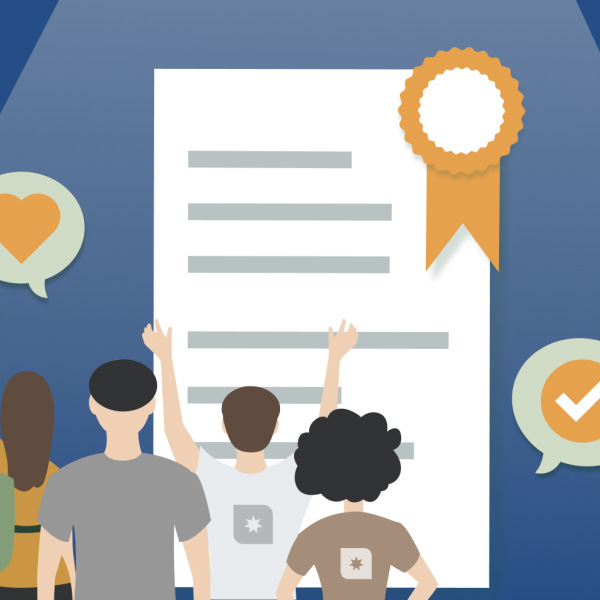 Illustration of people looking at a large document with a ribbon and a tick icon.