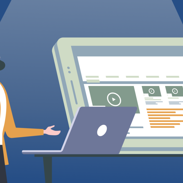 Illustration with laptop computer, a person, and larger screen display.