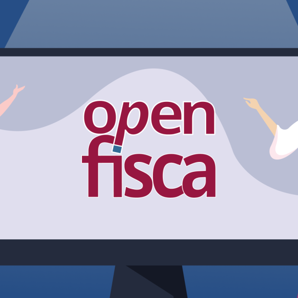 Illustration with a computer screen and the words OpenFisca on it, with two people looking at it.
